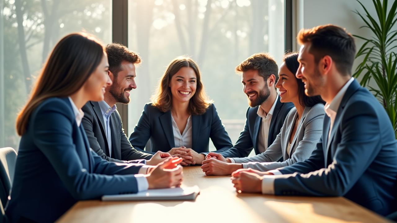 Diverse team of Unik Filen mortgage advisors smiling confidently in a modern, light-filled office space, symbolizing collaboration and trust.