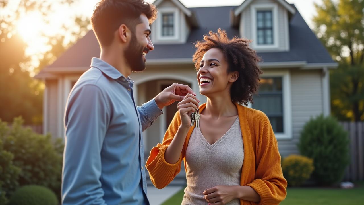 Young couple smiling, holding house keys in front of a modest, newly purchased starter home.