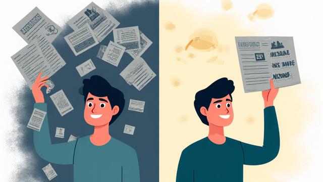 Illustration showing a person looking confused at complex mortgage documents, transitioning to a confident person smiling with house keys in hand.