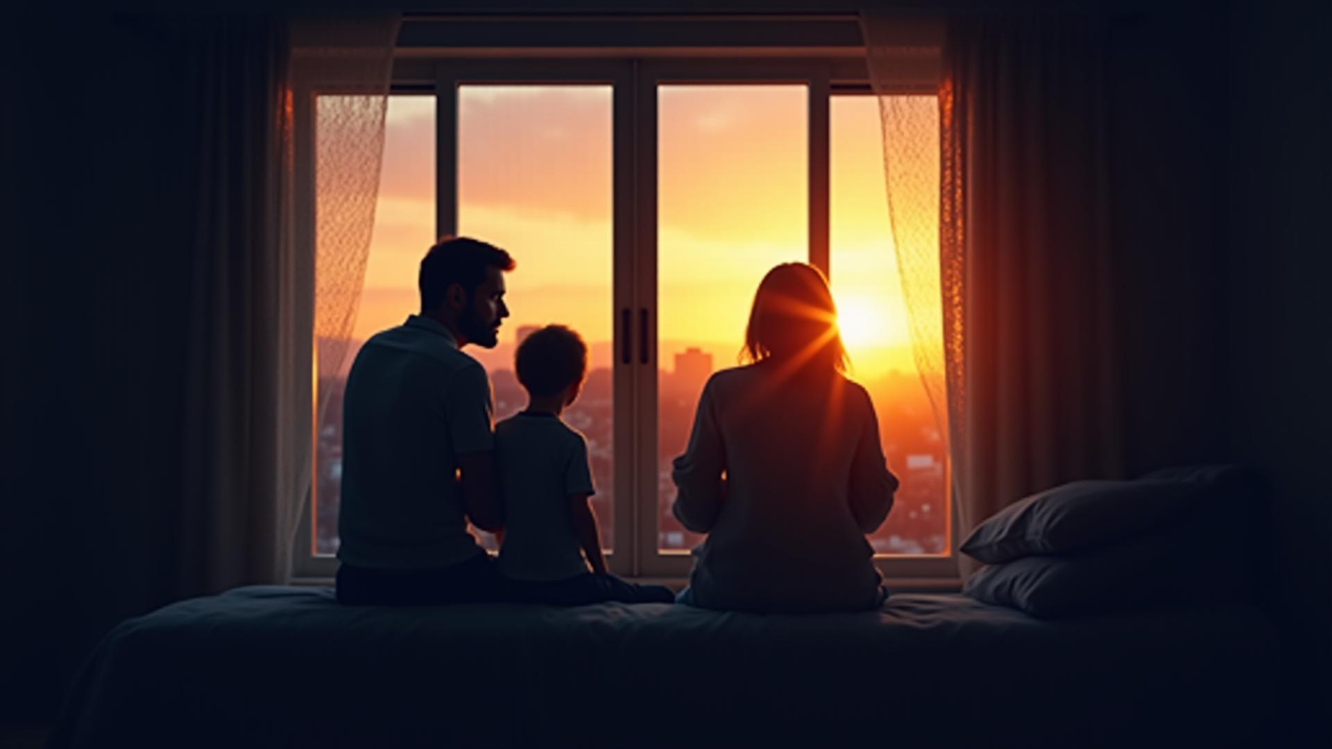 Subtle background image of a family silhouetted in a new home's window at sunset.