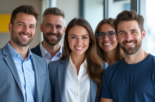 Professional and friendly diverse team of Unik Filen mortgage advisors smiling in a modern office
