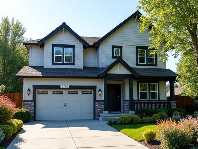 Updated home exterior with new siding, modern windows, and fresh landscaping.