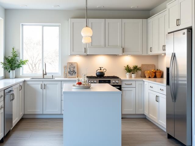Stunning modern kitchen after renovation, featuring an island with pendant lights and white cabinetry.