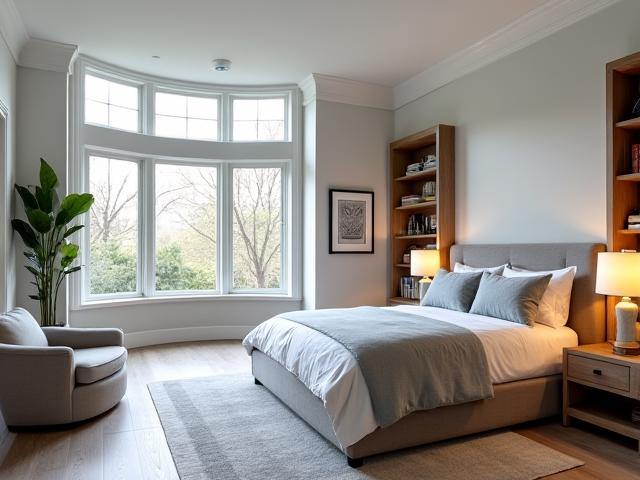 Expansive new master suite with large windows, a cozy reading nook, and a spacious bed.