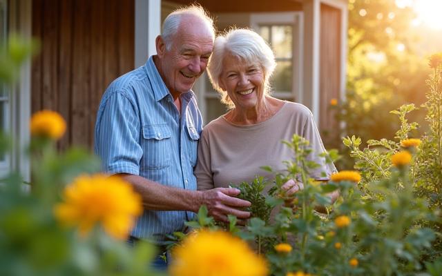 Happy senior couple gardening together in their sunlit home, symbolizing comfortable retirement.