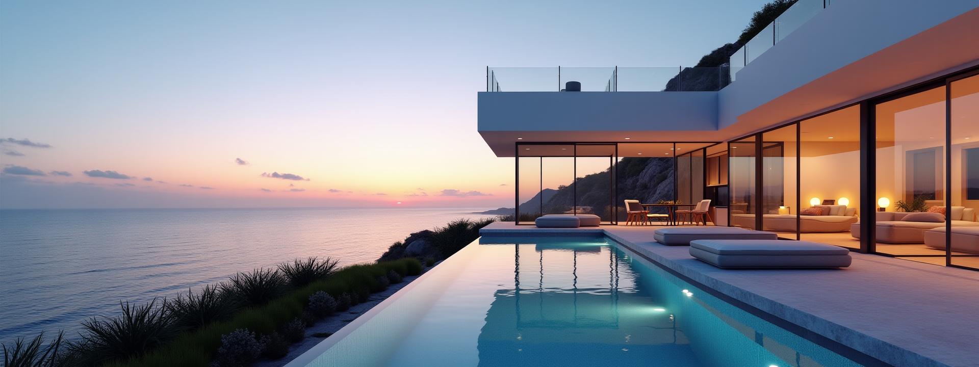A luxurious, modern beach house with large windows overlooking a serene ocean at sunset, evoking relaxation and investment potential.