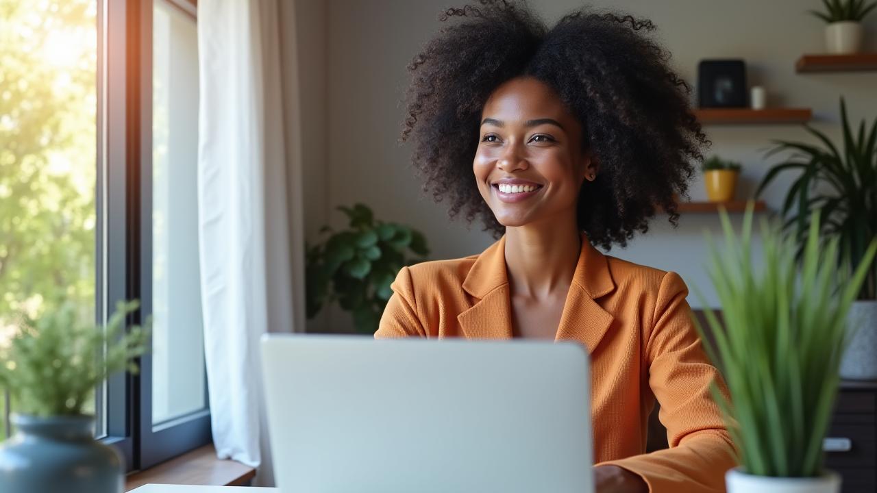 Confident self-employed individual working effectively from a modern home office with a view outside.