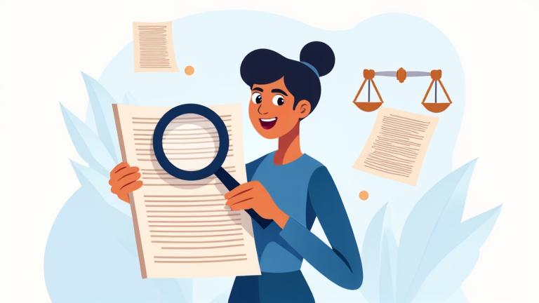 Illustration of a person reading a disclaimer on a tablet, with legal symbols in the background.