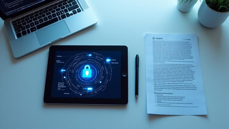 Digital interface showing secure login and policy document on screen